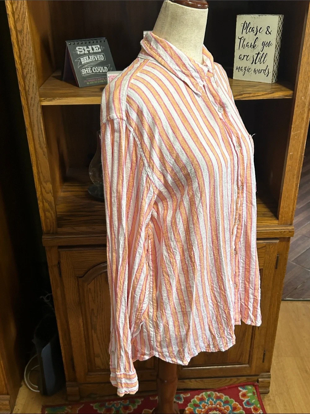 Universal Thread Men's Striped Button-Down Shirt in Pink & Cream Linen Blend Med